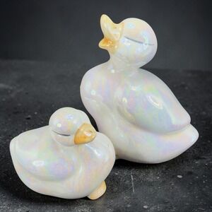 Vintage 1980s Ceramic Luster Shiny Finish Ducks Birds Figurine Set 2 Porcelain